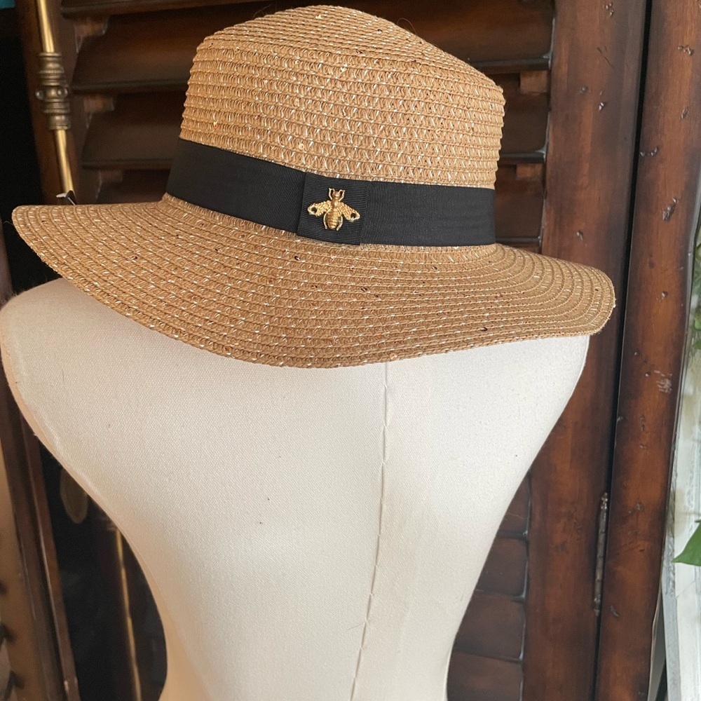 Sun Hat with Black Band and Gold Bee Accent - Women's Accessories Adjustable